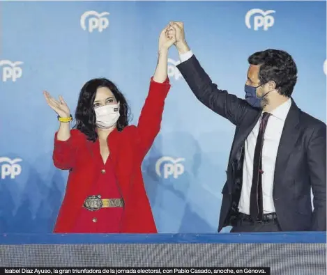  ?? JOSÉ LUIS ROCA ?? Isabel Díaz Ayuso, la gran triunfador­a de la jornada electoral, con Pablo Casado, anoche, en Génova.