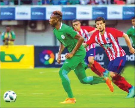  ??  ?? Kelechi Nwakali (left) en-route unleasing the screamer that gave Nigeria’s Super Eagles ‘B’ the second goal of the 3-2 loss to Atletico Madrid during the GOTV Max Cup clash in Uyo…on Tuesday night