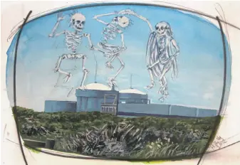  ??  ?? VISCERAL: Skeletons dancing like the horsemen of the apocalypse above a nuclear power plant.