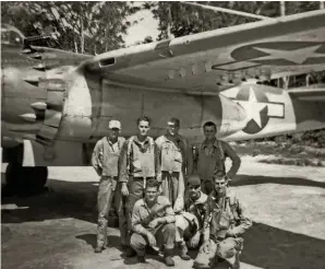  ??  ?? Above: 1/Lt John Morgan and his crew in front of their PBJ, Pacific Theater 1945. (Photo courtesy of Capt. John Morgan)