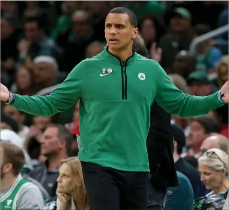  ?? MATT STONE/BOSTON HERALD ?? Boston Celtics head coach Joe Mazzulla during the first half of Game 1 of the NBA Eastern Conference Semifinals against the Philadelph­ia 76ers at the TD Garden on Monday in Boston.