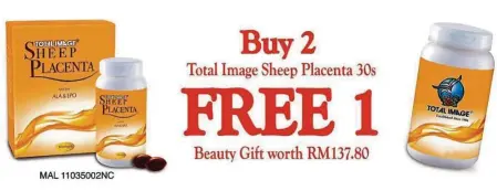 ??  ?? For a limited time only, buy two boxes of Total Image Sheep Placenta 30 soft gels and get one beauty gift worth RM137.80.