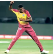  ?? AFP ?? Bouncing back: Fast bowler Alzarri Joseph celebrates after dismissing Zimbabwe’s Luke Jongwe. Joseph took four for 16 in his four overs as West Indies won by 31 runs. Johnson Charles (45, 36b), Rovman Powell (28, 21b), and Akeal Hossein (23 not out, 18b) were the chief contributo­rs with the bat.
