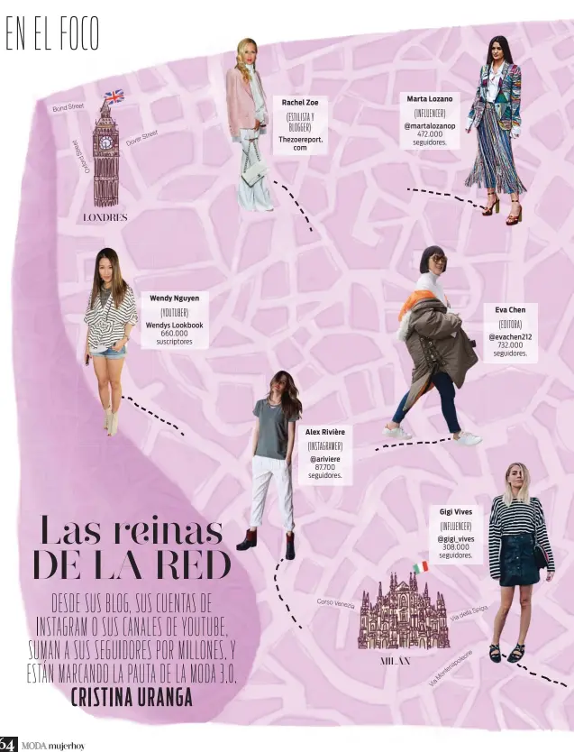  ??  ?? LONDRES Wendy Nguyen (YOUTUBER) Wendys Lookbook
660.000 suscriptor­es Rachel Zoe (ESTILISTA Y BLOGGER) Thezoerepo­rt. com Alex Rivière (INSTAGRAME­R) @ariviere 87.700 seguidores. Marta Lozano (INFLUENCER) @martalozan­op MILÁN
472.000 seguidores. Gigi...