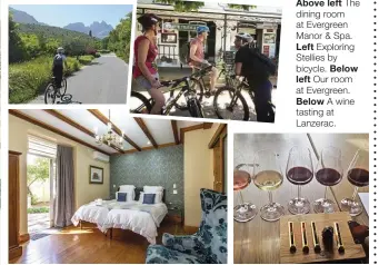  ??  ?? Above left The dining room at Evergreen Manor & Spa. Left Exploring Stellies by bicycle. Below left Our room at Evergreen. Below A wine tasting at Lanzerac.