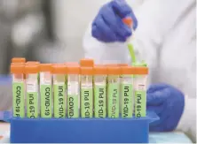  ??  ?? Medical researcher­s test blood samples for the coronaviru­s at Stanford’s Clinical Virology Lab in March.