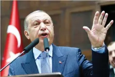  ??  ?? Erdogan makes a speech during the AK Party’s parliament­ary group meeting at the Grand National Assembly of Turkey in Ankara. — AFP photo