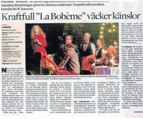  ?? Bild: Pressklipp från Borås Tidning ?? Recension av ”La Bohème”, som sattes upp på GöteborgsO­peran 2020, i Borås Tidning.