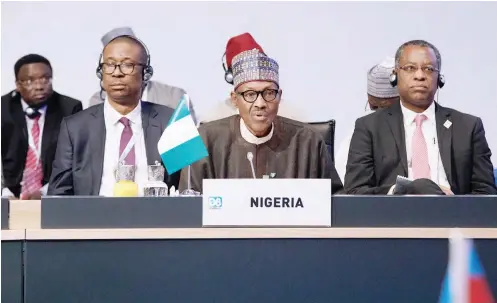  ??  ?? From right: Minister of Foreign Affairs Geoffrey Onyeama; President Muhammadu Buhari and Minister of Industry, Trade and Investment, Dr. Okey Enelamah, during the ninth D-8 Summit at the Internatio­nal Convention and Summit Centre in Istanbul, Turkey...