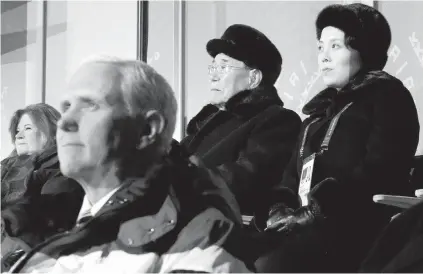  ??  ?? Kim Yo Jong, top right, sister of North Korean leader Kim Jong Un, sits alongside Kim Yong Nam, president of the Presidium of North Korean Parliament, and behind U.S. Vice-President Mike Pence as she watches Friday’s opening ceremony.
