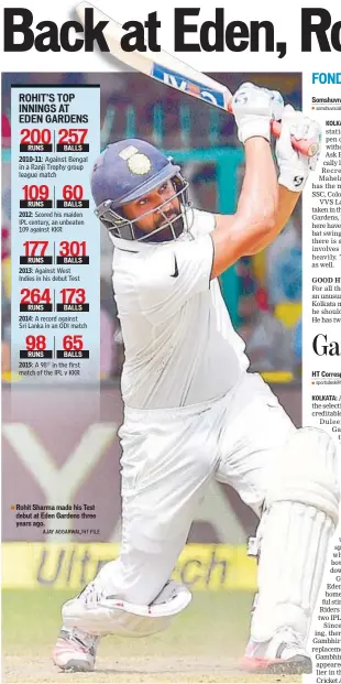  ??  ?? Rohit Sharma made his Test debut at Eden Gardens three years ago.
AJAY AGGARWAL/HT FILE