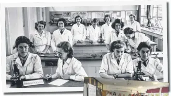  ??  ?? Top, science 1952-style and the present science lab; below; friends groups are the same whatever the decade; right, typing class in June 1951 has made way for today’s laptop and iPad lessons