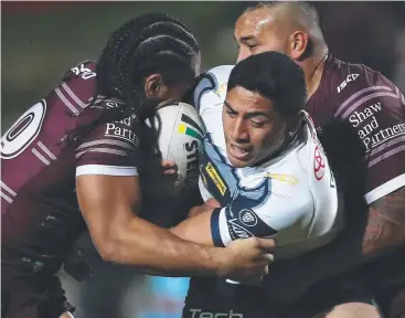  ??  ?? SHOW OF STRENGTH: Cowboy Jason Taumalolo is tackled during his side’s Round 13 win against the Manly Sea Eagles. Picture: GETTY IMAGES