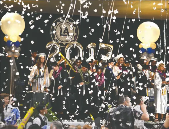  ?? COURTESY PHOTOGRAPH­S BY CHRISTINA CORNEJO ?? Confetti rains down in the school gym as Lodi Academy seniors celebrate receiving their high school diplomas during their commenceme­nt ceremony on Sunday.