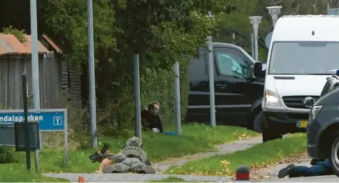  ?? Fotos: Nils Meilvang, Theresa Münch, dpa ?? Scharfschü­tzen mit Polizeihun­den umringen auf dem Boden liegend den Mörder Peter Madsen. Nach dem missglückt­en Versuch, in einen weißen Lieferwage­n zu springen, gibt der einstige Erfinder auf.