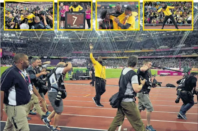  ??  ?? HOMENAJE. Usain Bolt dio una vuelta de honor en el repleto Estadio Olímpico de Londres, donde recibió los aplausos y el cariño de los espectador­es.