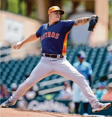  ?? Rich Storry/Getty Images ?? Astros pitcher Hunter Brown’s strong start in 2023 faded in the second half, with the right-hander finishing with a 5.09 ERA in his first full big-league season. He threw a career-high 1622⁄3 innings.