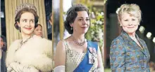  ?? [NETFLIX/VIA AP; AP PHOTOS] ?? This combinatio­n photo shows Claire Foy, as the young Queen Elizabeth II, Olivia Colman as Queen Elizabeth II in later years and Imelda Staunton, who will be the third and final actress to portray the British monarch on the Netflix series “The Crown.”