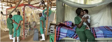  ??  ?? From left Doctors at work inside a CUBE at the Beni treatment centre; an Ebola survivor holds a child whose mother is being tested