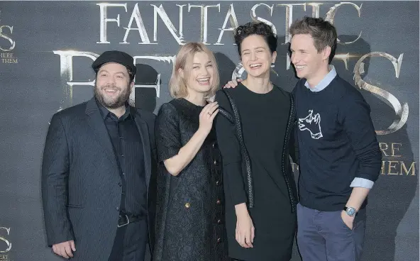  ?? — THE ASSOCIATED PRESS FILES ?? Actors Dan Fogler, left, Alison Sudol, Katherine Waterston and Eddie Redmayne star in Fantastic Beasts and Where to Find Them, which shares both DNA and creator J.K. Rowling with the Harry Potter series.