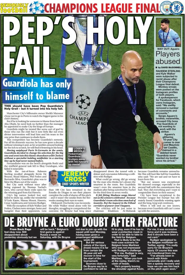  ??  ?? LOSER’S MEDDLE: Tinkerman Guardiola trudges away with his runnersup medal