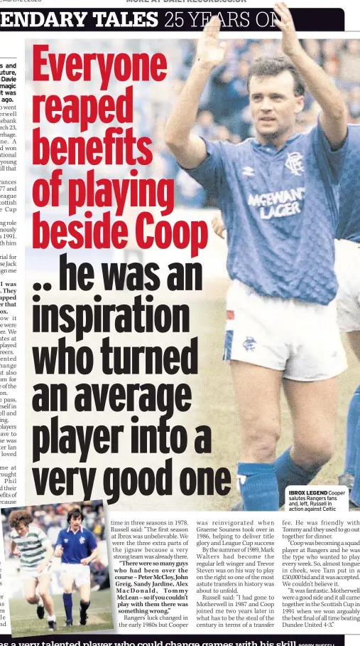  ??  ?? IBROX LEGEND Cooper salutes Rangers fans and, left, Russell in action against Celtic