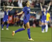  ?? LM OTERO — THE ASSOCIATED PRESS ?? Ex-Cal star Alex Morgan reacts after scoring a U.S. goal Wednesday in the SheBelieve­s Cup match in Frisco, Texas.