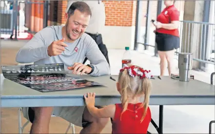  ?? [PAXSON HAWS/ THE OKLAHOMAN] ?? Oklahoma coach Lincoln Riley smiles as he signs autographs at Meet the Sooners Day at Gaylord Family — Oklahoma Memorial Stadium on Friday in Norman.