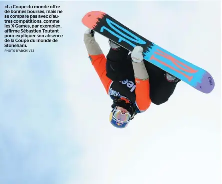  ??  ?? «La Coupe du monde offre de bonnes bourses, mais ne se compare pas avec d’autres compétitio­ns, comme les X Games, par exemple», affirme Sébastien Toutant pour expliquer son absence de la Coupe du monde de Stoneham.