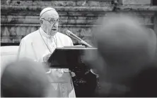  ?? Andrew Medichini / AFP via Getty Images ?? Pope Francis delivers a speech Saturday during a ceremony of Christmas greetings to the Roman Curia at the Vatican.