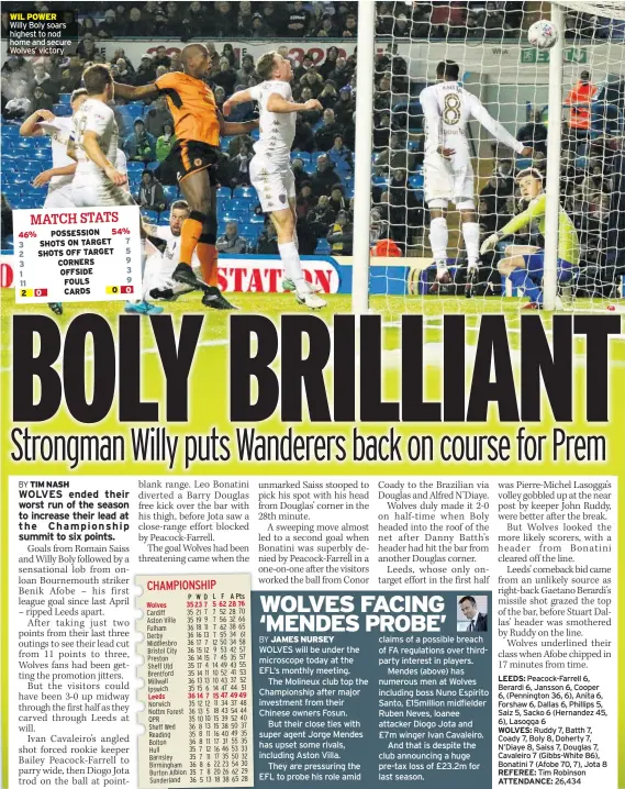  ??  ?? WIL POWER Willy Boly soars highest to nod home and secure Wolves’ victory