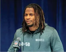  ?? TREVOR RUSZKOWSKI/USA TODAY SPORTS ?? Texas Tech defensive back Tyler Owens talks to the media during the NFL Combine at Lucas Oil Stadium.