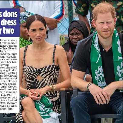  ?? ?? SCARVES AND STRIPES: Meghan in her zebra dress and gold bracelets to watch a volleyball match with Harry