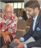  ?? Photo: Simione Haravanua ?? From left: Taniela Tabu with the Attorney-General and Minister for Economy Aiyaz Sayed-Khaiyum after the budget consultati­on at JJ’s on the Park in Suva on March 16,2019.