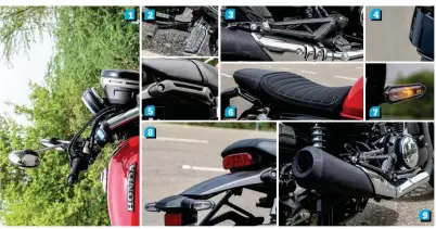  ??  ?? 1. The front fender is now plastic and the RS gets fork gators. The headlight ring is blacked out and the winkers are new LED units. 2. Only toe shifter here. 3. The rear subframe is new. 4. Switchgear takes time to get used to. 5. Rear grabrail is redesigned. 6. New seat is comfortabl­e and offers more space for the rider. 7. LED winkers sport new design. 8. Plastic fender seen at the rear along with a new LED tail light. 9. Upswept exhaust offers a rorty note and more clearance as well