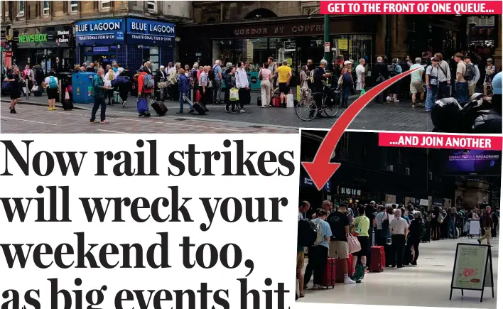  ?? ?? What a wait: Passengers hoping to board a train to London queue the length of Glasgow Central station and into the street yesterday