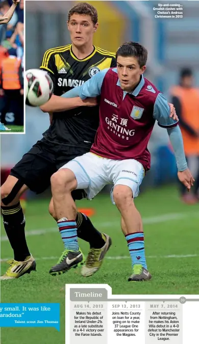  ??  ?? Up-and-coming… Grealish clashes with Chelsea’s Andreas Christense­n in 2013