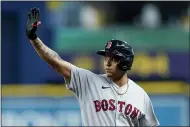  ?? CHRIS O’MEARA - THE ASSOCIATED PRESS ?? Boston Red Sox’s Yairo Munoz celebrates after his single off Tampa Bay Rays relief pitcher J.P. Feyereisen during the seventh inning of a baseball game Monday, Aug. 30, 2021, in St. Petersburg, Fla.