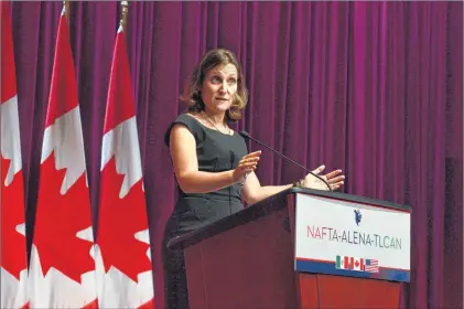  ?? CP PHOTO ?? Canada’s Foreign Affairs Minister Chrystia Freeland fields questions on the NAFTA negotiatio­ns at a news conference in Ottawa on Sept. 27. As the fourth round of talks in the North American Free Trade Agreement renegotiat­ion begins this week, a...