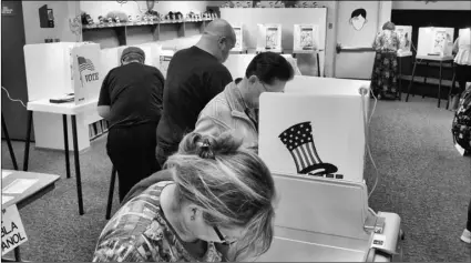  ?? AP PHOTO/RICHARD VOGEL ?? In this June 5, 2018, file photo, voters mark ballots at a polling place in the library at the Robert F. Kennedy Elementary School in Los Angeles.