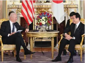  ?? BLOOMBERG ?? US President Joe Biden with Japanese Prime Minister Fumio Kishida during a summit meeting in Tokyo on May 23. Biden has spent the past week reaching out to the region