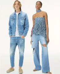  ?? ?? A sinistra, i jeans della primavera estate di Dondup: l’uomo li vuole che slancino la gamba, quelli femminili sono fluidi un po’ tomboy