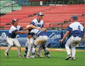  ?? AUSTIN HERTZOG - DIGITAL FIRST MEDIA ?? Catcher Tyler Wentzel, shortstop Pete Vaccaro, left, and Nate Christman, right, surround pitcher Gavin Blankenbil­ler after recording the final out to win the District 3-AA final on June 2.