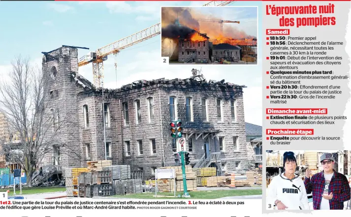  ?? PHOTOS ROGER GAGNON ET COURTOISIE ?? 1
1 et 2. Une partie de la tour du palais de justice centenaire s’est effondrée pendant l’incendie. 3. Le feu a éclaté à deux pas de l’édifice que gère Louise Préville et où Marc-andré Girard habite.