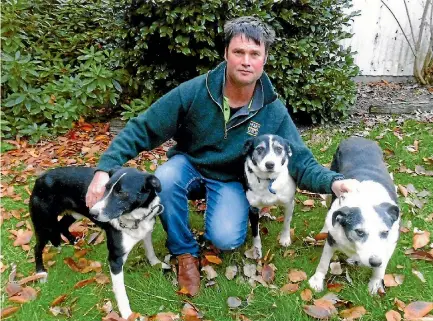  ??  ?? Stuart Millar last year with some of his best trialing dogs, from left, Rain, 5, his mother Rose, 12, and her father Ned, 14, not long before Ned died.