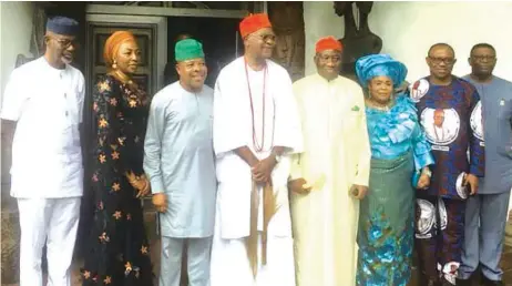  ??  ?? Former Governor of Cross River, Liyel Imoke; Jemila Atiku; Imo State Governor, Emeka Ihediora; Obi of Onitsha, Prof. Nnaemeka Achebe; former President, Goodluck Jonathan, his wife, Patience; Vice Presidenti­al candidate of Peoples Democratic Party (PDP) Peter Obi and a guest at the burial ceremony of Jemila’s father, late Chief Anthony Iwenjiora in Anambra, yesterday