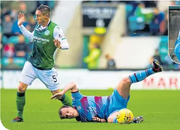  ??  ?? Dundee’s Paul Mcgowan takes a tumble in front of Hibernian’s Mark Milligan