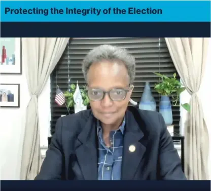  ?? SCREENSHOT ?? Mayor Lori Lightfoot takes part in an online panel discussion about election integrity on Monday, the first day of the virtual Democratic National Convention.