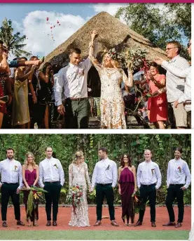  ??  ?? Celebratin­g with the couple after a three-day fun-fest are (above, from left) Daniel Bolstad, Justine Butler, Tom Fastier, Bridget Cory-Hill, Nathan Hill and Stephen Wolfe. Top: Nailed it! Just married in a picture-perfect setting.