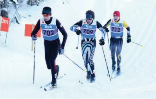  ?? CITIZEN PHOTO BY JAMES DOYLE ?? Aiden Noble leads Connor Hobbs, middle, and Calvin Hepburn up the first hill at Otway Nordic Centre on Saturday in a juvenile boys quarterfin­al of the Teck B.C. Cup 2 crosscount­ry sprint races.